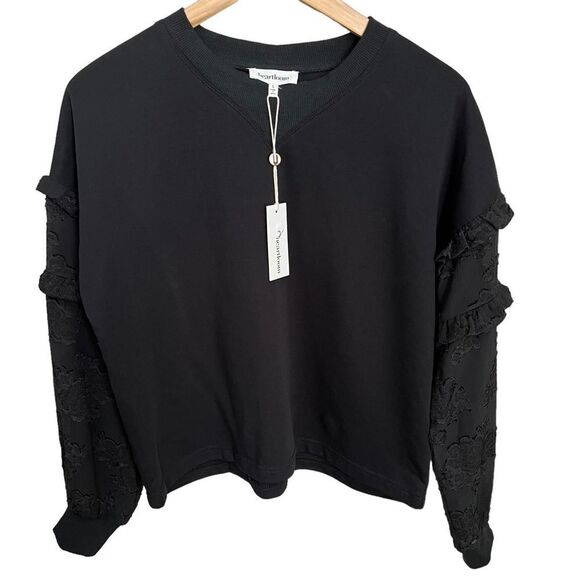 Revolve Heartloom Sweatshirt Womens Small Black Sheer Floral Ruffle Sleeve NWT - Picture 2 of 9